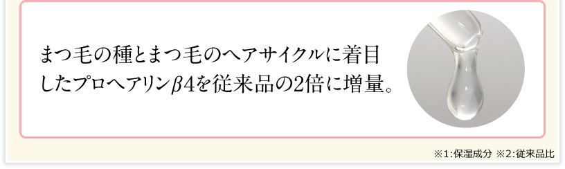 まつ毛の種にあたる毛包幹細胞とまつ毛のヘアサイクルに着目したプロヘアリンβ４を従来品の2倍に増量。